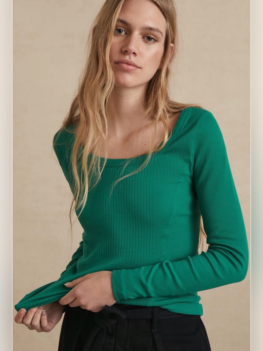 Saturday Sunday by Anthropologie Alida Green Long Sleeve Ribbed Scoop Neck Small